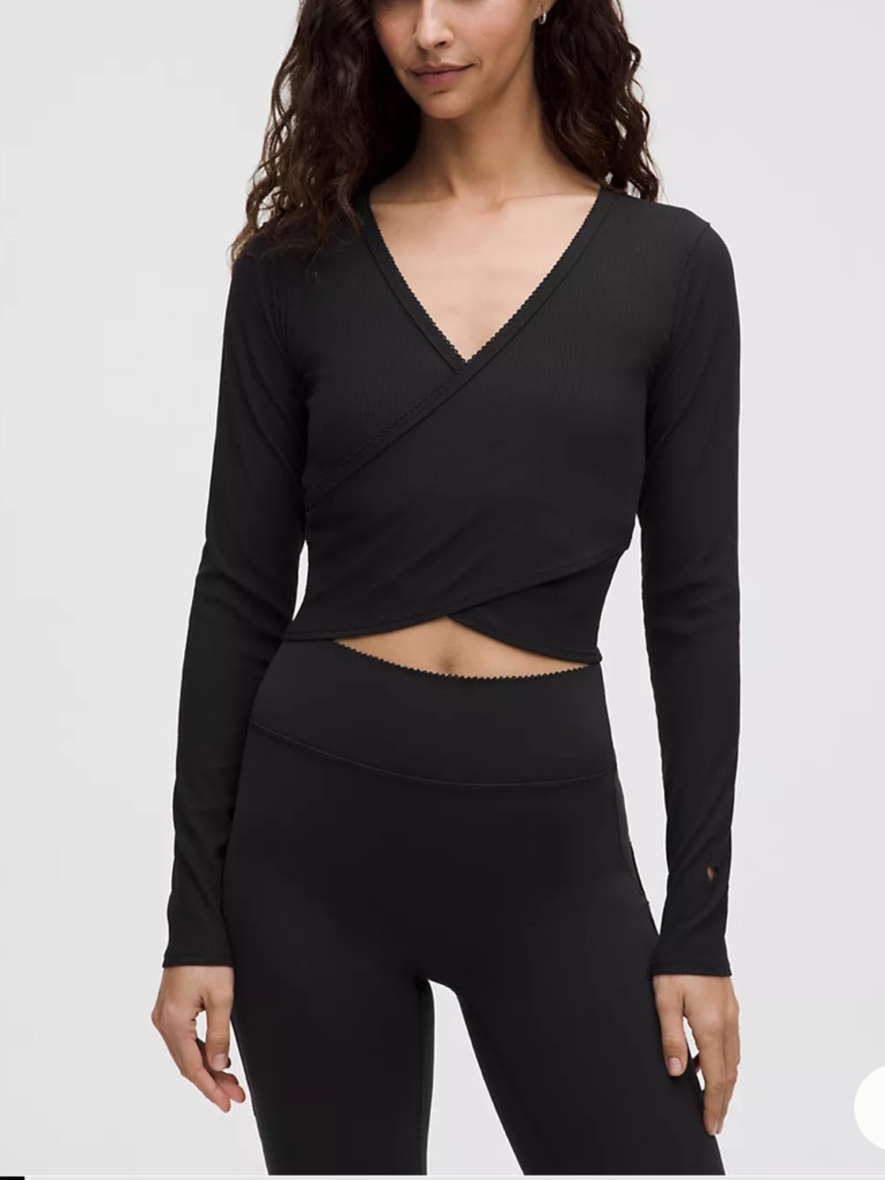 Lululemon Ribbed Black Long-Sleeve Cropped Wrap Top Heart